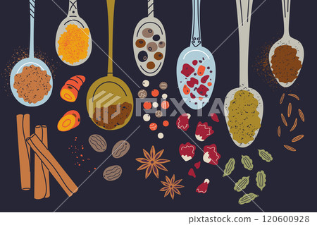Advieh spice blend, vector illustration collection with cinnamon, cardamom, turmeric, nutmeg, cumin, and cloves in vintage spoons. Flat cartoon style, doodle design, Persian aromatic seasoning Advieh spice blend, vector illustration collection with cinnamon, cardamom, turmeric, nutmeg, cumin, and cloves in vintage spoons. Flat cartoon style, doodle design, Persian aromatic seasoning 120600928