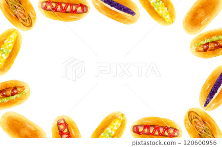 Frame of sandwiches and bread Hand-drawn watercolor illustrations of food 120600956