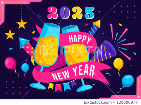 Happy New Year 2025 Celebration Vector Illustration featuring Trumpets, Fireworks, Ribbons and Confetti for a Festive National Holiday in a Background 120600977
