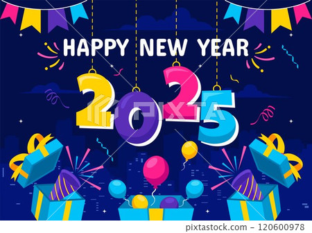 Happy New Year 2025 Celebration Vector Illustration featuring Trumpets, Fireworks, Ribbons and Confetti for a Festive National Holiday in a Background Happy New Year 2025 Celebration Vector Illustration featuring Trumpets, Fireworks, Ribbons and Confetti for a Festive National Holiday in a Background 120600978