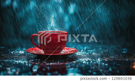 Red Coffee Cup in Focus, Serenity Amidst the Backdrop of Falling Rain 120601036