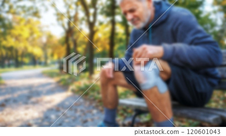 Tired Mature Jogger with Sore Knees Struggling in Nature Park Setting, Blurred Background 120601043