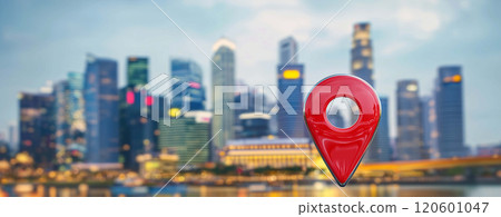 Vibrant Red Location Pin Points the Way Against a Mesmerizing Cityscape 120601047