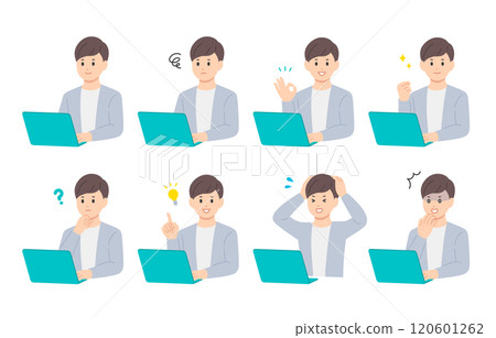 A set of young men with various expressions and poses while looking at a computer [People vector illustration material] 120601262