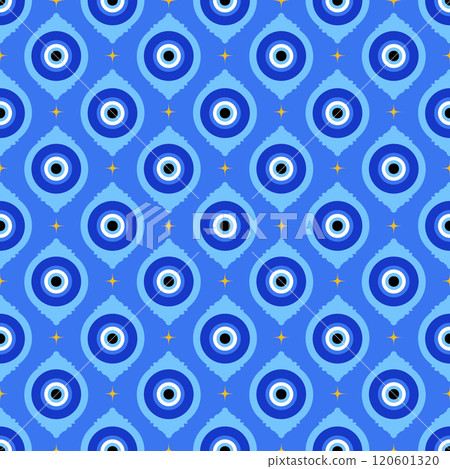 Evil eye pattern. Greek vector seamless background with traditional blue beads. Magic nazar amulet wallpaper. Mystic symbol of protection luck and energy. Spiritual Arabic talisman 120601320