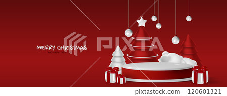 Christmas scene with display podium and trees Christmas scene with display podium and trees 120601321