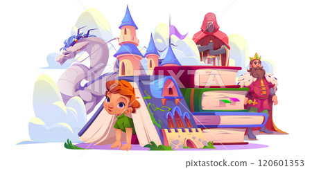 Kid read open tale book with magic story cartoon 120601353