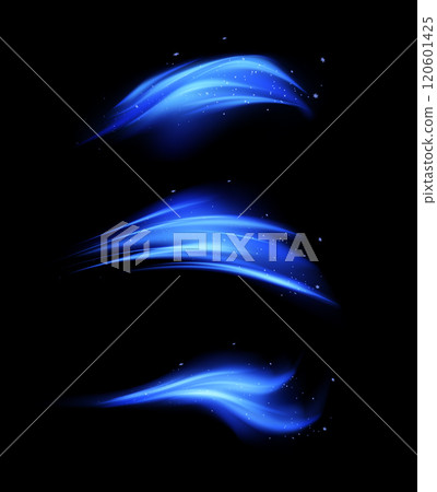 Wind effect, air steam with sparkles, blue air flow wave effect vector set, realistic stream of wind, wave fumes motion 120601425