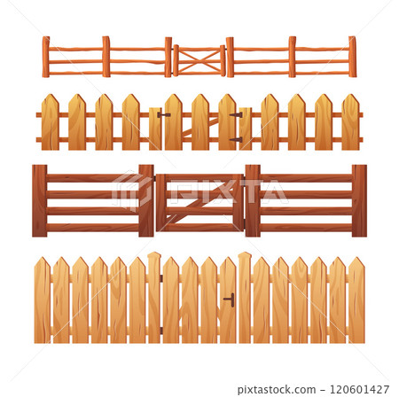 Vector illustration of a set of wooden brown fences, different shapes, with a wicket. Vector illustration of a set of wooden brown fences, different shapes, with a wicket. 120601427