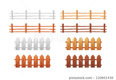 Vector set of illustrations featuring wooden fences of different shapes and colors. Vector set of illustrations featuring wooden fences of different shapes and colors. 120601430