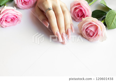 Woman showing long polished fingernails near pink roses 120601438