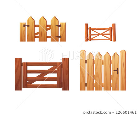 Vector set of illustrations with wooden gates of different shapes and colors. 120601461