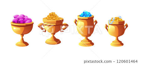 Award trophy gold cups with jewelry, gold coins, gemstones vector icon set, champion glory, game winner treasures goblet 120601464