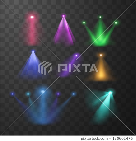 A set of vector spotlights in bright colors: blue, pink, purple, red, green and yellow 120601476