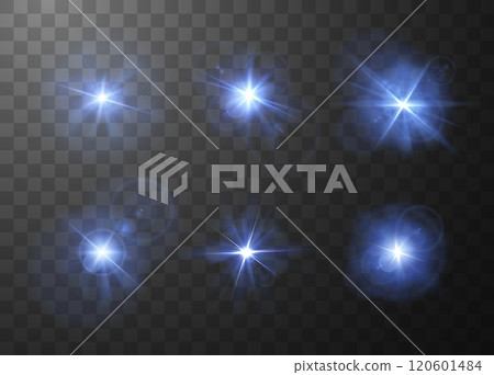A vector collection blue flash effects with bright rays and highlights on a transparent background. 120601484