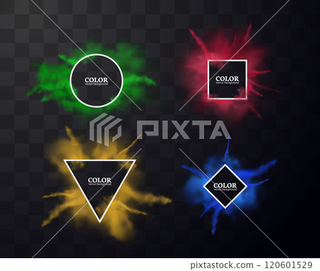 Various colors powder explosion with different forms label, paint pigment dust burst, ink splashes realistic vector set Various colors powder explosion with different forms label, paint pigment dust burst, ink splashes realistic vector set 120601529