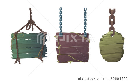 Old wood signboard hanging on a chain or rope vector set, empty rough round and square planks wooden texture timber desk Old wood signboard hanging on a chain or rope vector set, empty rough round and square planks wooden texture timber desk 120601551