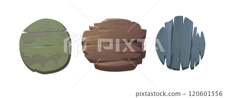 Old wood round signboard different colors painted, empty rough plank wooden texture, timber signpost desk vector set 120601556