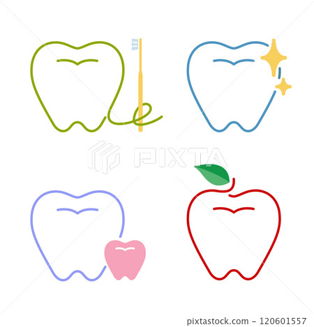 Simple and cute tooth line drawing icon set for dentistry and dentists 120601557