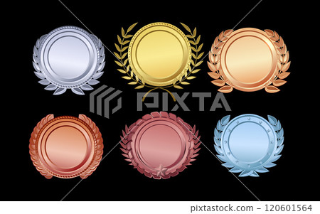 Set of colored blank winner medals on a black isolated background. 120601564