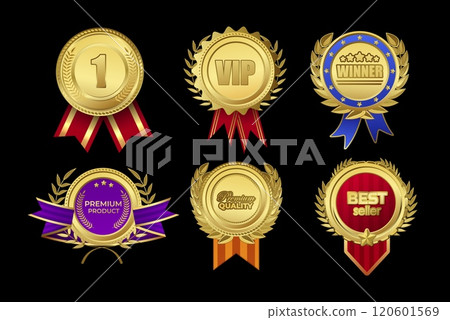 Gold badges vector illustration set for awards Gold badges vector illustration set for awards 120601569