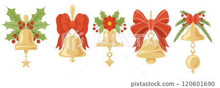 Vector set of golden Christmas bells with red ribbons, leaves and floral decorations isolated from background in cartoon style. Vector set of golden Christmas bells with red ribbons, leaves and floral decorations isolated from background in cartoon style. 120601690