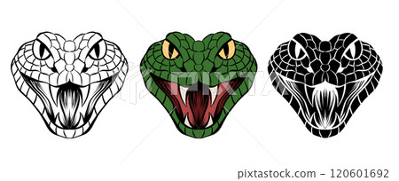 Vector set of evil snake heads in color, monochrome and outline style. Symbol of 2025 Chinese New Year. Serpents collection Vector set of evil snake heads in color, monochrome and outline style. Symbol of 2025 Chinese New Year. Serpents collection 120601692