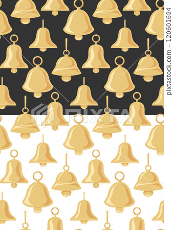 Vector set of seamless patterns with yellow Christmas bells on white and dark background in cartoon style. Collection of festive texture 120601694