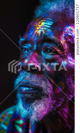 Under the full moon's glow, the Moonlit Rainbow Soothsayer emerges as an elderly African sage 120601737