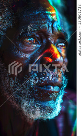 Moonlit Rainbow Soothsayer's weathered features reflect the wisdom of ages 120601738