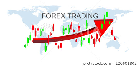 concept of forex trading A prominent red upward-trending arrow, signifying growth and profitability Overlaid on the map are green and red candlestick charts 120601802