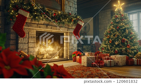 Room with Christmas tree and fireplace 120601832