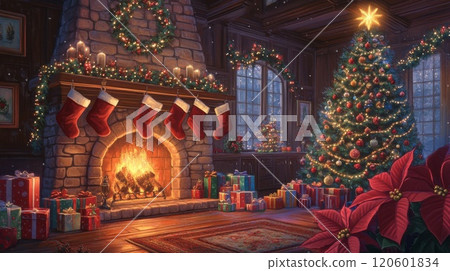 聖誕樹和壁爐的房間 120601834