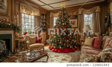 Room with Christmas tree and fireplace Room with Christmas tree and fireplace 120601843