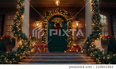 Illuminated Christmas decorations at the entrance 120601864