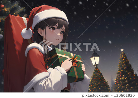 打扮成聖誕老人的女孩，給孩子們的禮物 [AI 生成圖像] 120601920