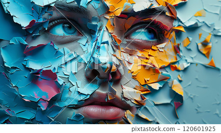 Detailed eye of a model adorned with vibrant and intricate artistic makeup 120601925