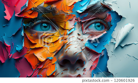 Model's eye, adorned with mesmerizing and vibrant artistic makeup 120601926