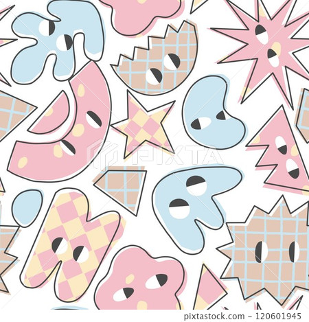 Beautiful vector seamless pattern with hand drawn abstract cute shapes with eyes. Ready to use print design. Children surface pattern. 120601945