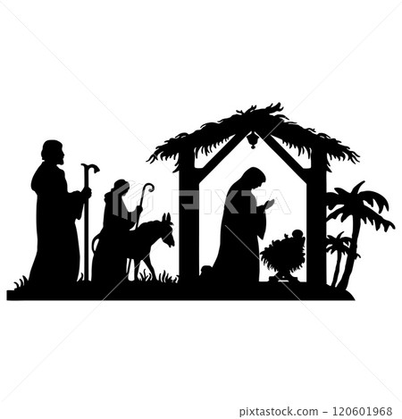 Holy Night silhouette - Nativity scene of baby Jesus silhouette in a manger with Mary and Joseph with the three wise men. Christian Christmas silhouette of animals. Illustration for children. Holy Night silhouette - Nativity scene of baby Jesus silhouette in a manger with Mary and Joseph with the three wise men. Christian Christmas silhouette of animals. Illustration for children. 120601968