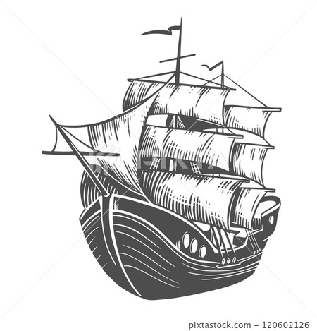 Ship sketch. Sailboat with raised sails. Vector illustration in engraving style isolated on white background. Sea vessel for retro design. 120602126