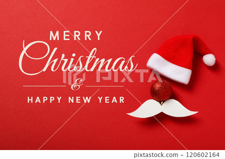 Merry Christmas and New Year, Santa hat, decorative mustache and Christmas ball on a red background with text Merry Christmas and New Year, Santa hat, decorative mustache and Christmas ball on a red background with text 120602164