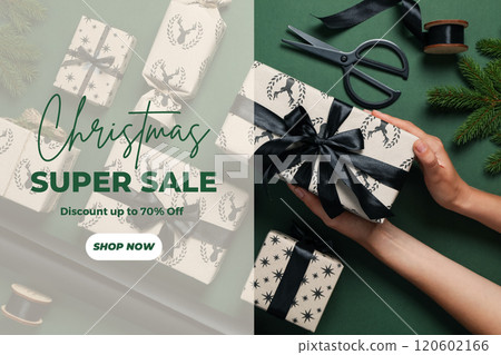 Christmas sale, gift boxes, hands and decorations on green background with text Christmas sale, gift boxes, hands and decorations on green background with text 120602166