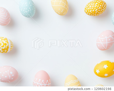 Colorful Easter egg arrangement with pastel decorations for festive designs 120602198