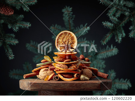 Christmas still-life with dried fruits and nuts. 120602220