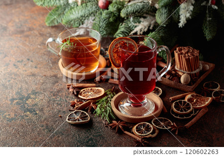 Christmas drinks on a brown vintage background. 120602263