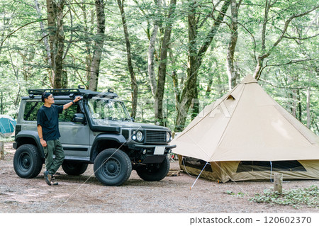 Male camper standing in front of his car (car, RV, SUV) at an auto campsite Male camper standing in front of his car (car, RV, SUV) at an auto campsite 120602370