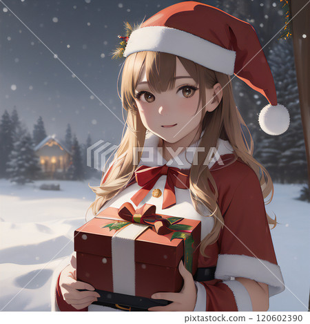 Girl dressed as Santa gives presents to children [AI generated image] 120602390