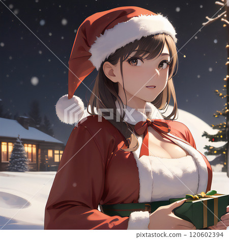 Girl dressed as Santa gives presents to children [AI generated image] 120602394