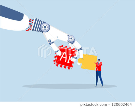 Businessman and ai robot hand connect jigsaw puzzle together.Human and Artificial Intelligence working together machine or automation to help or support work vector 120602464